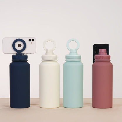 Rose Red 1L Stainless Steel Water Bottle with Magnetic Phone Holder Lid - Portable Hydration & Hands-Free Stand