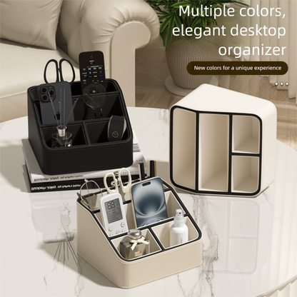 White and Black Stylish PU Leather Desktop Organizer Caddy - Multi-Compartment Holder for Remotes, Office Supplies, Makeup