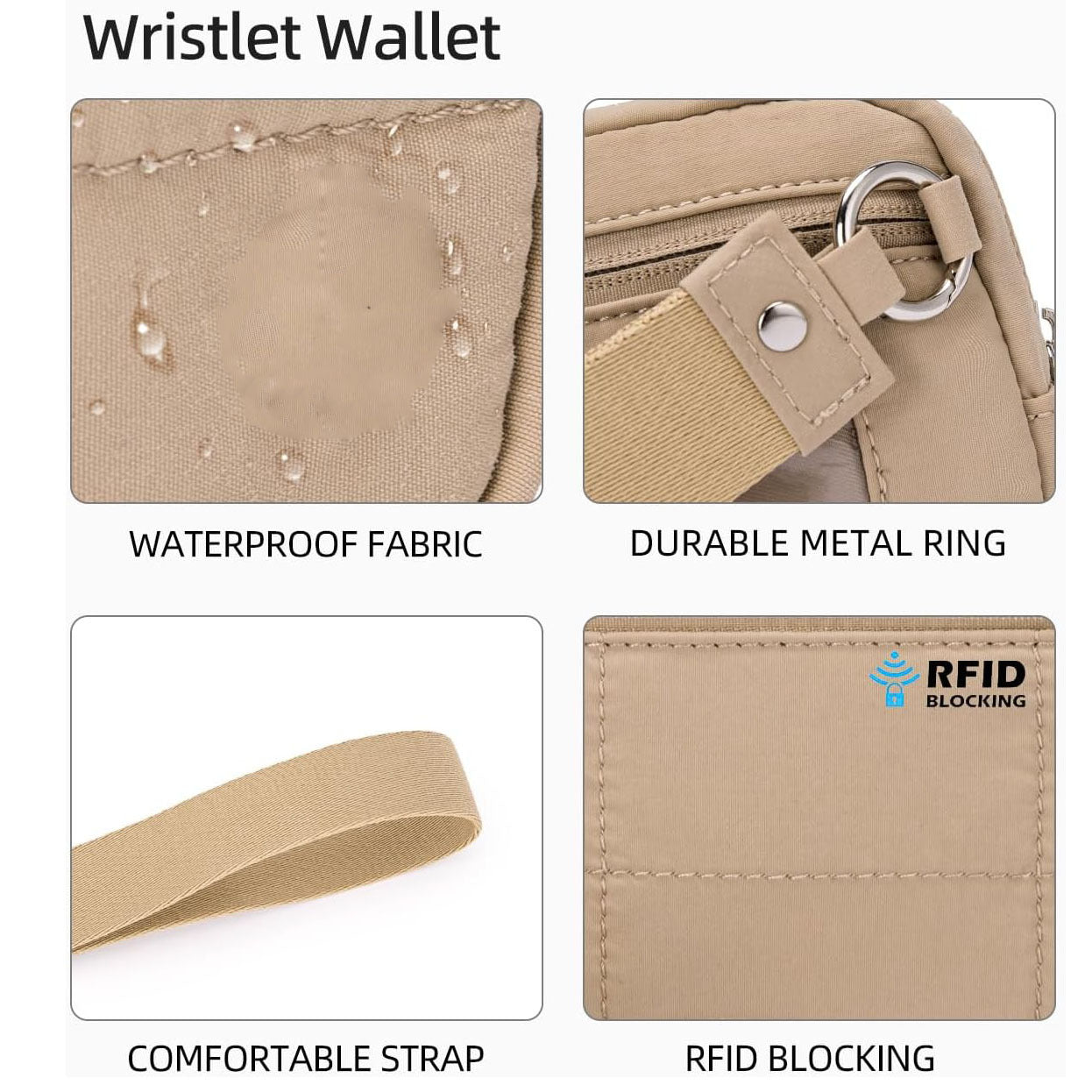 Khaki RFID Blocking Nylon Wristlet Clutch Wallet - Compact Waterproof Pouch with Card Slots & ID Window