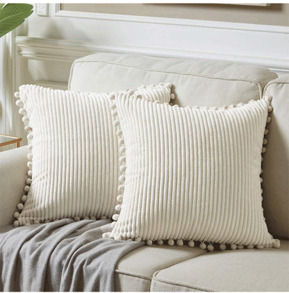 Orange Soft Corduroy Cushion Cover Set (1 Square + 1 Rectangular) with Pom Pom Trim - Decorative Throw Pillow Cases for Sofa Couch