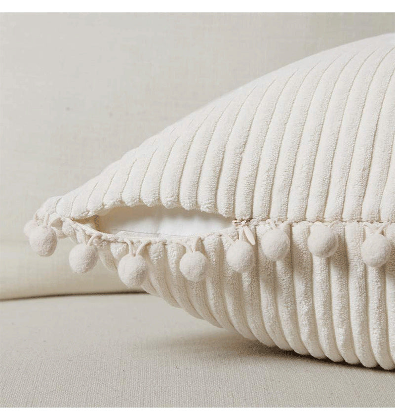 Black Soft Corduroy Cushion Cover Set (1 Square + 1 Rectangular) with Pom Pom Trim - Decorative Throw Pillow Cases for Sofa Couch