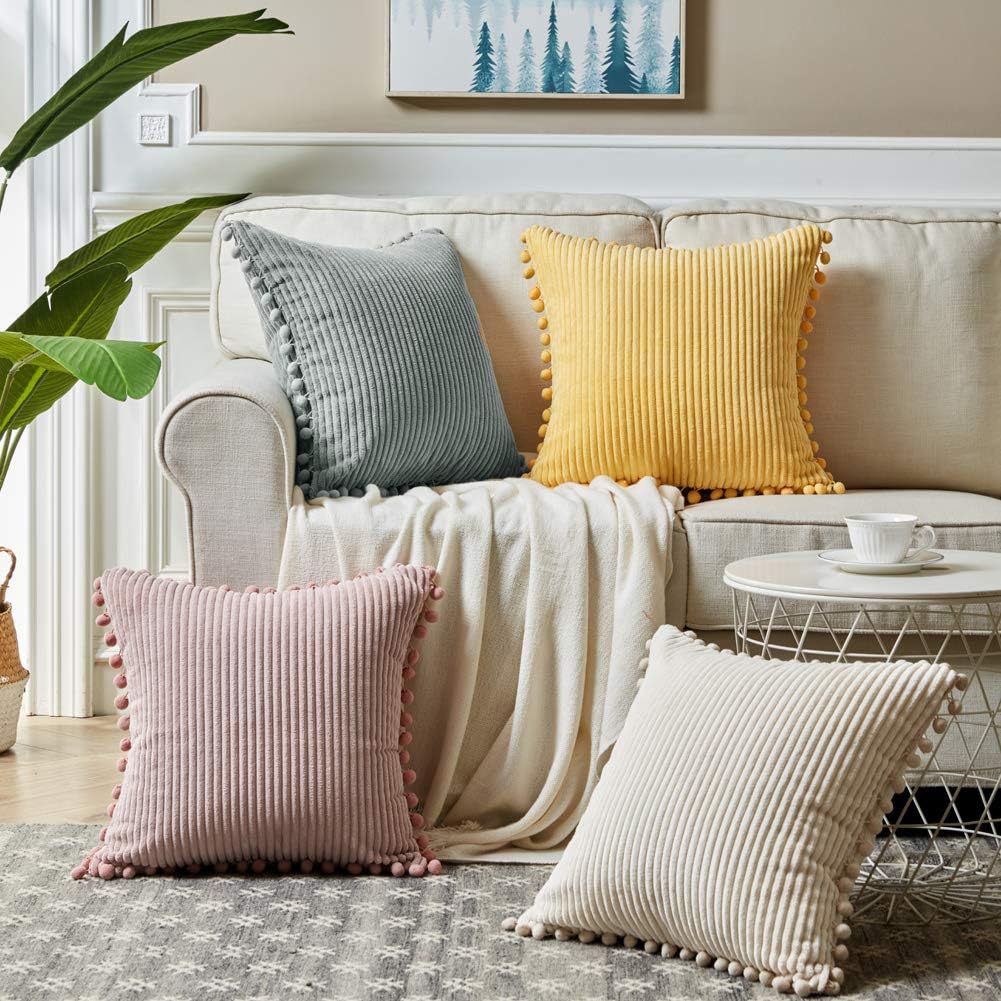 Red Soft Corduroy Cushion Cover Set (1 Square + 1 Rectangular) with Pom Pom Trim - Decorative Throw Pillow Cases for Sofa Couch