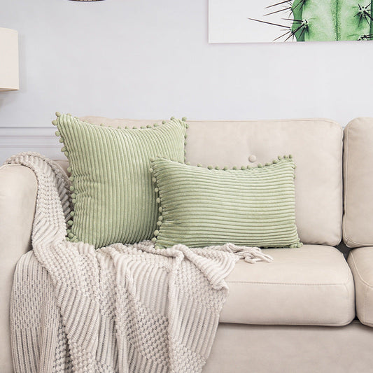 Light Green Soft Corduroy Cushion Cover Set (1 Square + 1 Rectangular) with Pom Pom Trim - Decorative Throw Pillow Cases for Sofa Couch