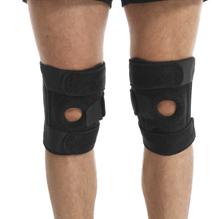 Black Adjustable Knee Brace Support (Pair) with Dual Spring Stabilizers & Patella Gel Pad - Non-Slip for Sports Running Hiking