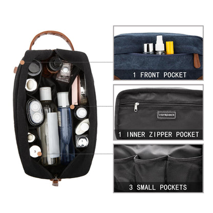 Grey And Brown Men's Canvas Toiletry Bag - Large Capacity Water-Resistant Travel Organizer Dopp Kit with Handle