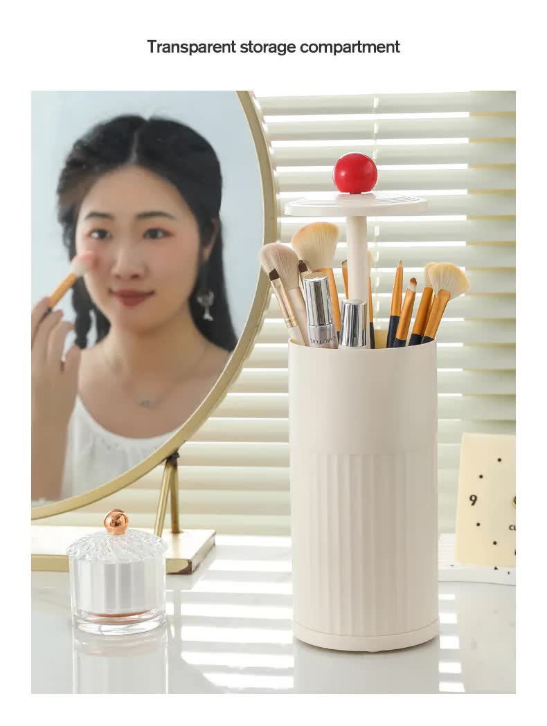 Beige Automatic Lifting Makeup Brush Holder - Dustproof Desktop Organizer with Lid & Compartments