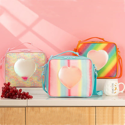 Blue Sparkling Rainbow Heart Insulated Lunch Bag for Kids - Portable School Lunch Box with Shoulder Strap