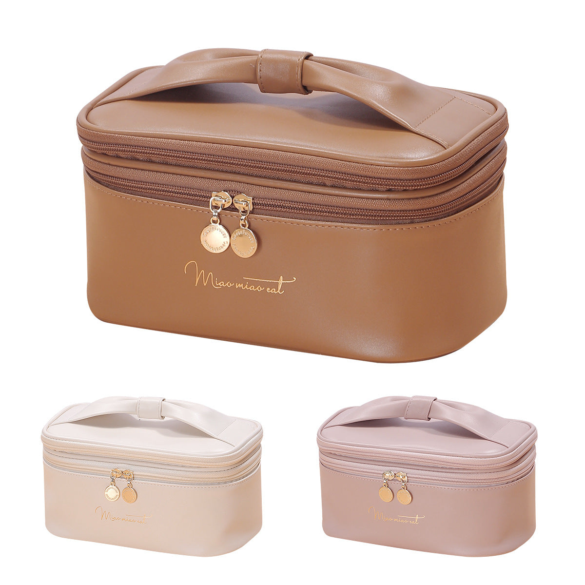 Beige Stylish PU Leather Makeup Bag - Large Capacity Double Layer Waterproof Travel Cosmetic Organizer Case for Women