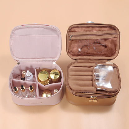 Brown Stylish PU Leather Makeup Bag - Large Capacity Double Layer Waterproof Travel Cosmetic Organizer Case for Women