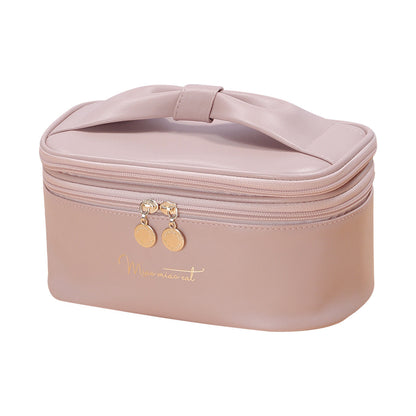 Pink Stylish PU Leather Makeup Bag - Large Capacity Double Layer Waterproof Travel Cosmetic Organizer Case for Women