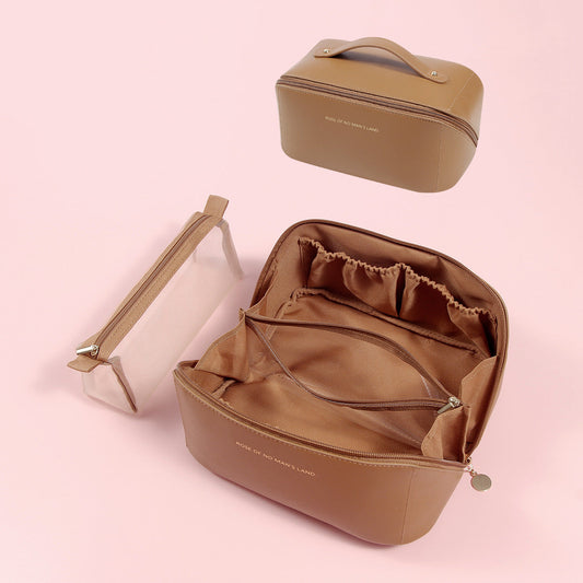 Brown Elegant PU Leather Makeup Bag & Toiletry Organizer with Detachable Mesh Pouch - Large Capacity Travel Cosmetic Case