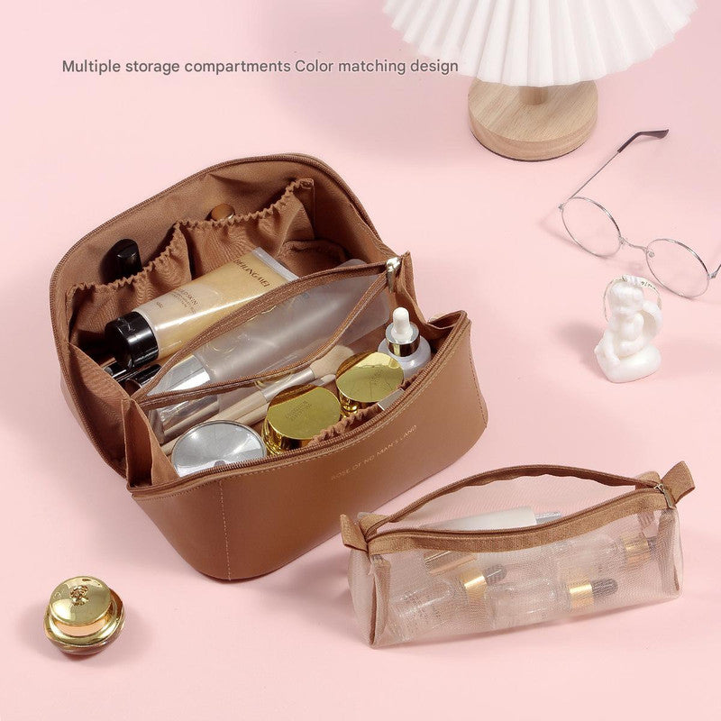 Brown Elegant PU Leather Makeup Bag & Toiletry Organizer with Detachable Mesh Pouch - Large Capacity Travel Cosmetic Case