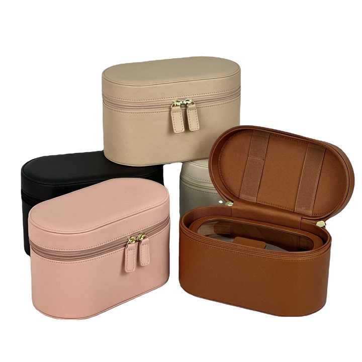 Black Elegant PU Leather Makeup & Toiletry Bag - Large Capacity Travel Cosmetic Organizer with Brush Holder