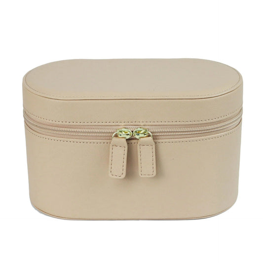 Beige Elegant PU Leather Makeup & Toiletry Bag - Large Capacity Travel Cosmetic Organizer with Brush Holder