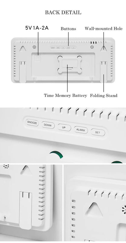 Black Background With White Light Sleek Large LED Digital Wall & Desk Clock - Remote Control, Temperature, Humidity, Dual Alarms, Calendar