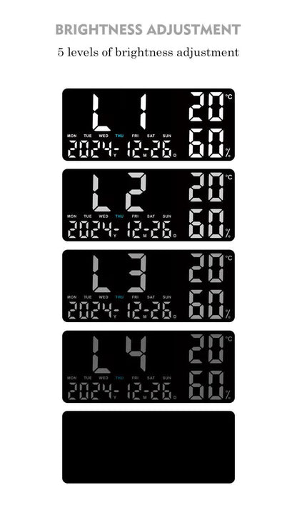 Black Background With Green and White Light Sleek Large LED Digital Wall & Desk Clock - Remote Control, Temperature, Humidity, Dual Alarms, Calendar