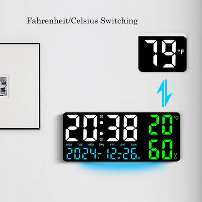 Black Background With Green and White Light Sleek Large LED Digital Wall & Desk Clock - Remote Control, Temperature, Humidity, Dual Alarms, Calendar