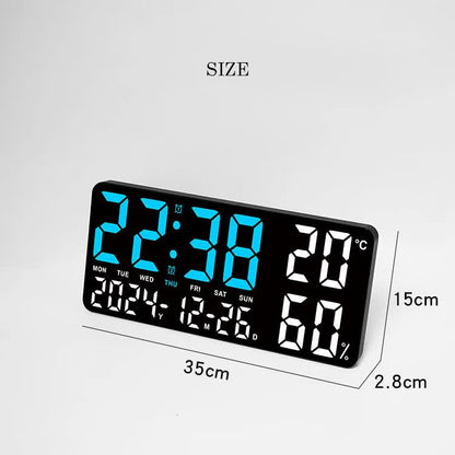 Black Background With Green and White Light Sleek Large LED Digital Wall & Desk Clock - Remote Control, Temperature, Humidity, Dual Alarms, Calendar
