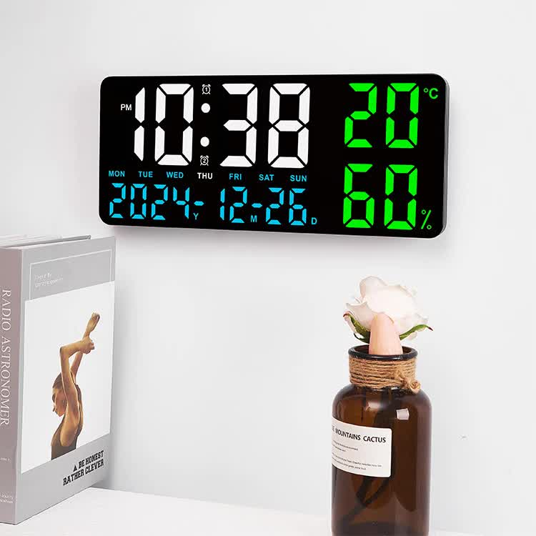 Black Background With Green and White Light Sleek Large LED Digital Wall & Desk Clock - Remote Control, Temperature, Humidity, Dual Alarms, Calendar