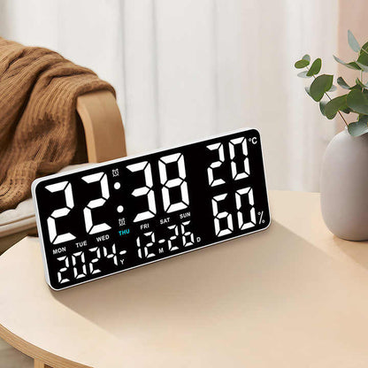 Black Background With Green and White Light Sleek Large LED Digital Wall & Desk Clock - Remote Control, Temperature, Humidity, Dual Alarms, Calendar