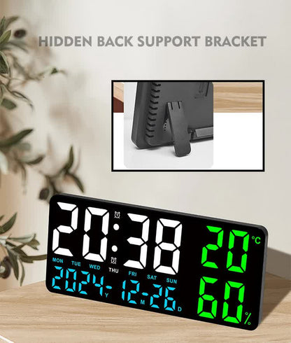 Black Background With Blue and White Light Sleek Large LED Digital Wall & Desk Clock - Remote Control, Temperature, Humidity, Dual Alarms, Calendar