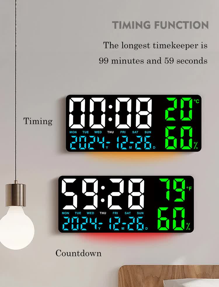 Black Background With Blue,Green and White Light Sleek Large LED Digital Wall & Desk Clock - Remote Control, Temperature, Humidity, Dual Alarms, Calendar