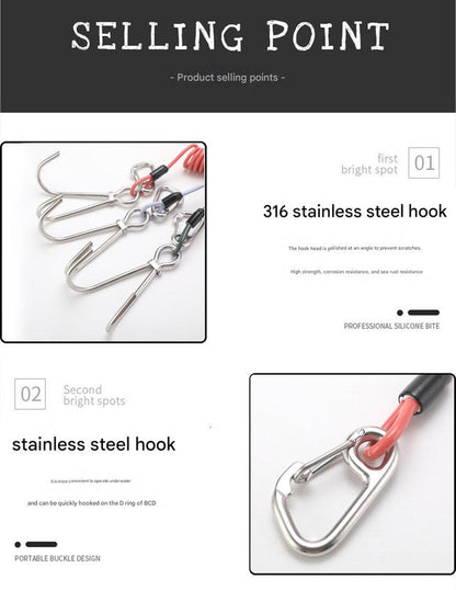Green Pro 316 Stainless Steel Diving Reef Hook - Single, Double Combo Pack - Current Hook with Coiled Safety Lanyard