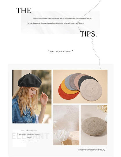 Brown Elegant Wool Beret - Classic Warm Thick British Style Hat for Autumn & Winter