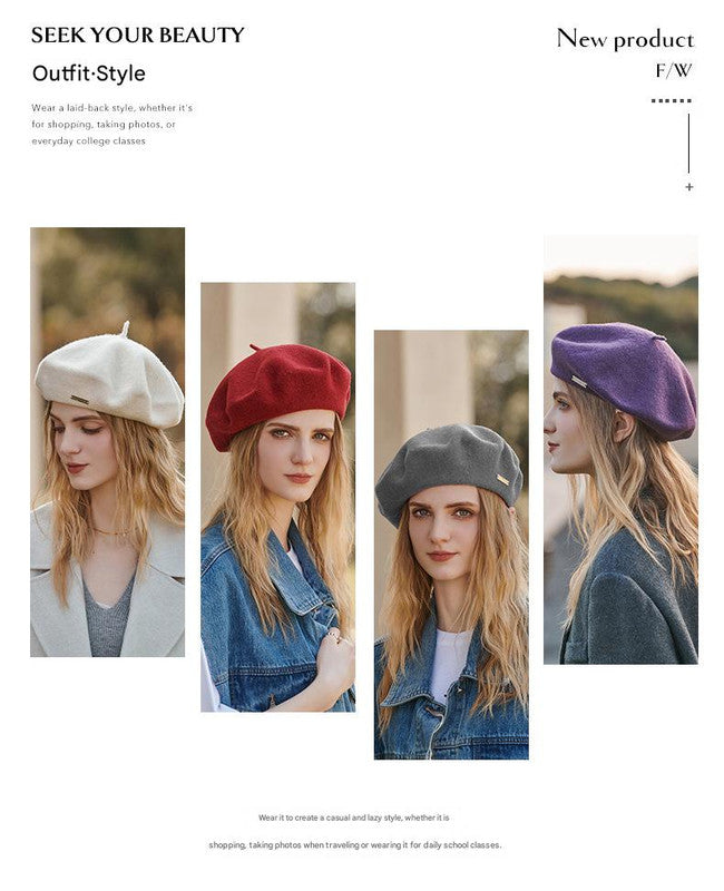 Khaki Elegant Wool Beret - Classic Warm Thick British Style Hat for Autumn & Winter