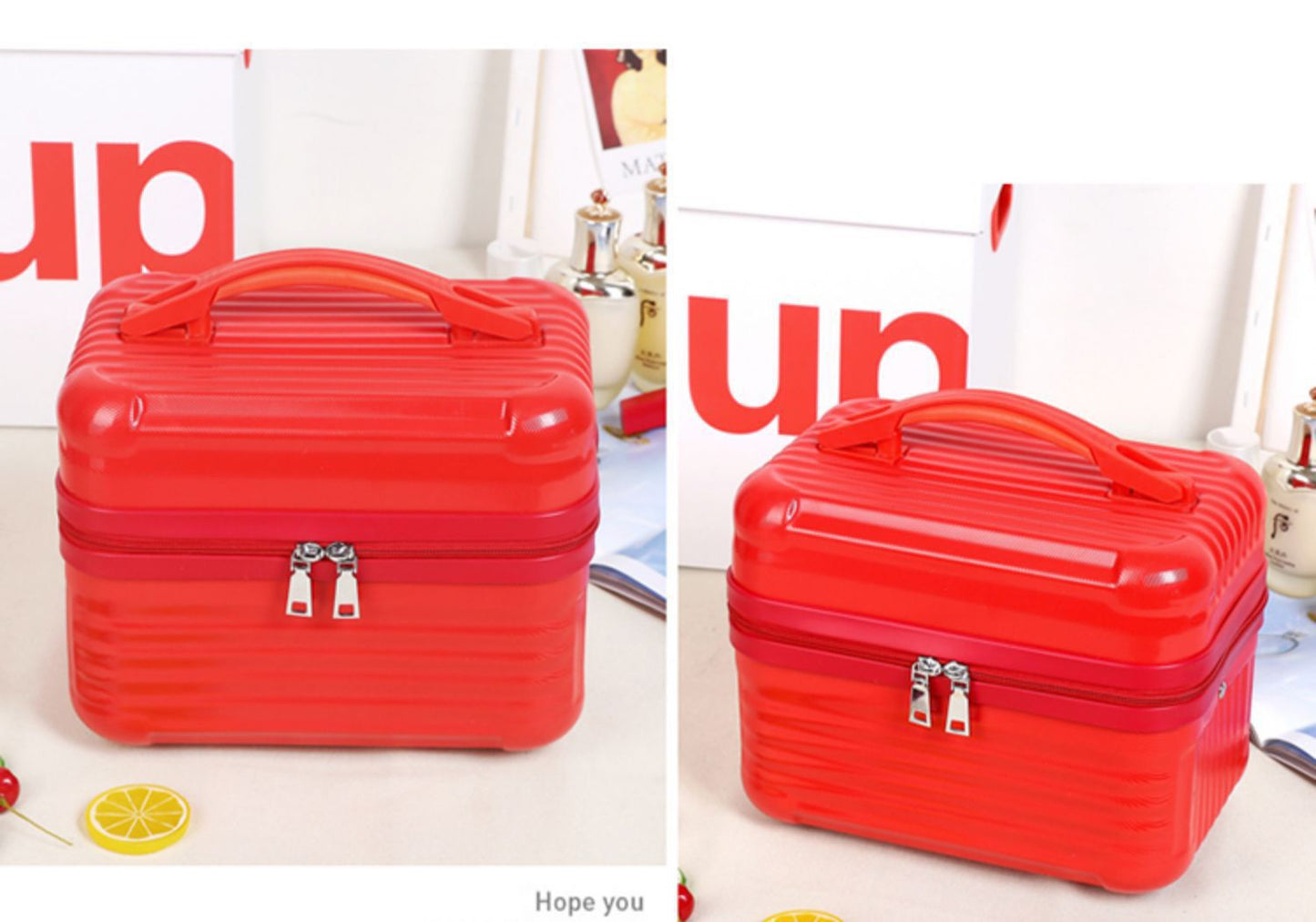 Red Durable Hard Shell Makeup Travel Case - Large Capacity Portable Cosmetic Organizer Box with Handle
