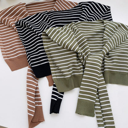Black Chic Striped Knit Tie-Front Shawl - Lightweight Versatile Layering Capelet for Women