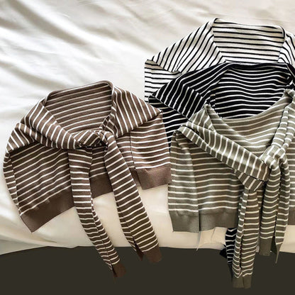 Black Chic Striped Knit Tie-Front Shawl - Lightweight Versatile Layering Capelet for Women