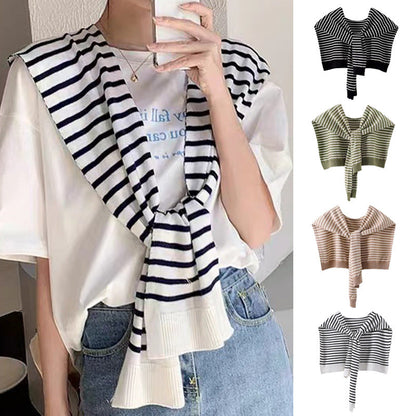 Green Chic Striped Knit Tie-Front Shawl - Lightweight Versatile Layering Capelet for Women