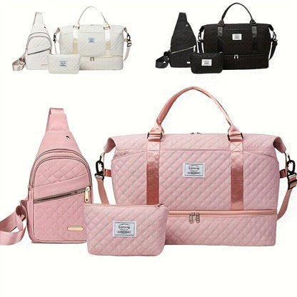 White Chic 3-Piece Quilted Travel Bag Set - Duffel, Crossbody Sling & Toiletry Pouch - Large Capacity & Lightweight