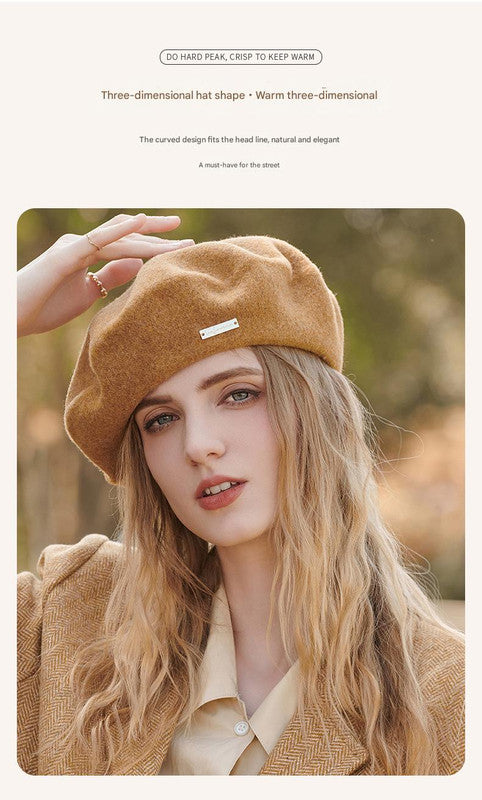 Green Elegant Wool Beret - Classic Warm Thick British Style Hat for Autumn & Winter