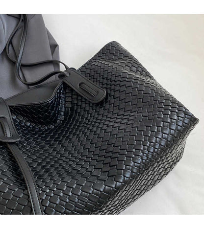 Khaki and Brown Chic Woven PU Leather Tote Bag - Large Capacity Casual Shoulder & Handbag for Women