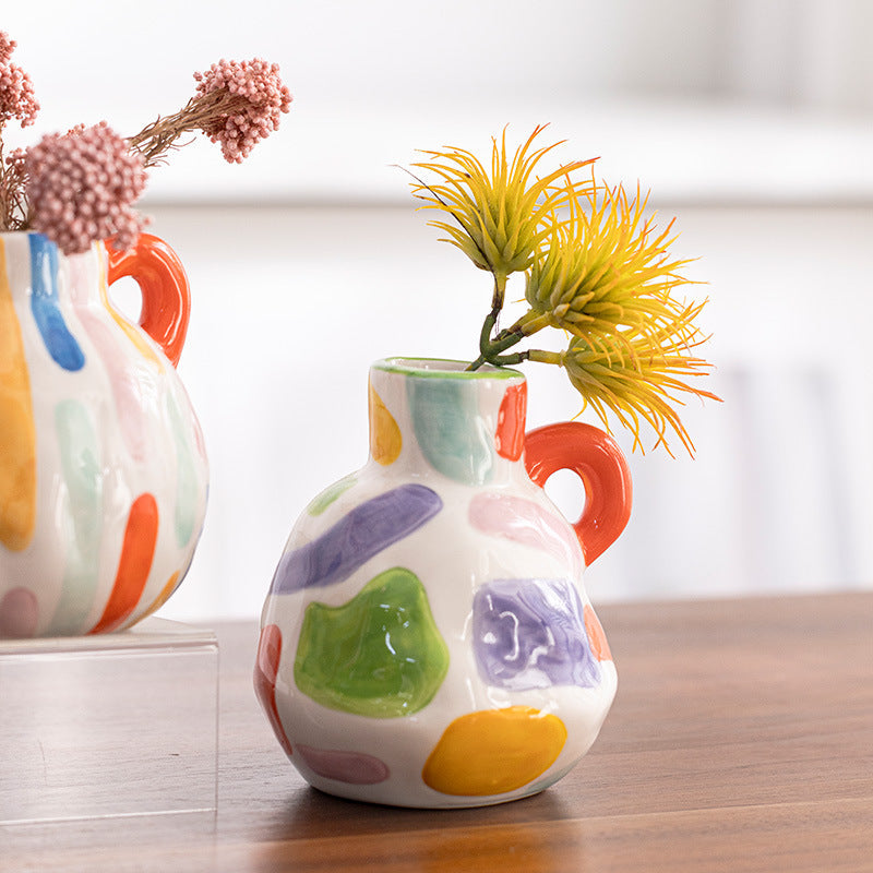 Colorful Artistic Hand-Painted Ceramic Vase - Dual Handle Pot Style - Colourful Striped Home Decor Accent