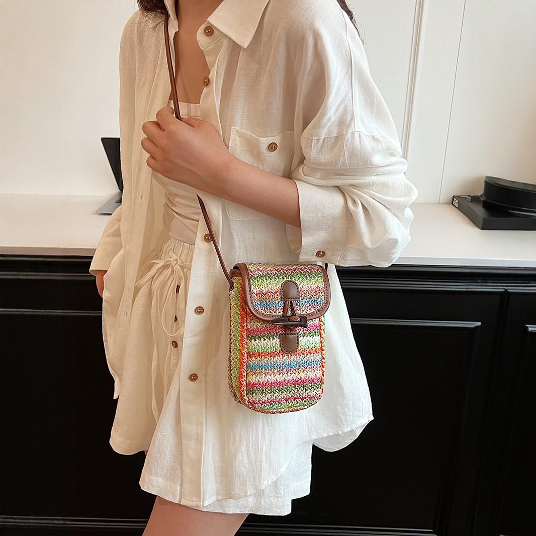 Colorful Boho Chic Woven Straw Crossbody Bag - Colourful Striped Mini Phone Pouch with Toggle Closure