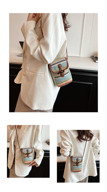 Khaki Boho Chic Woven Straw Crossbody Bag - Colourful Striped Mini Phone Pouch with Toggle Closure