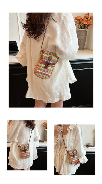Khaki Boho Chic Woven Straw Crossbody Bag - Colourful Striped Mini Phone Pouch with Toggle Closure