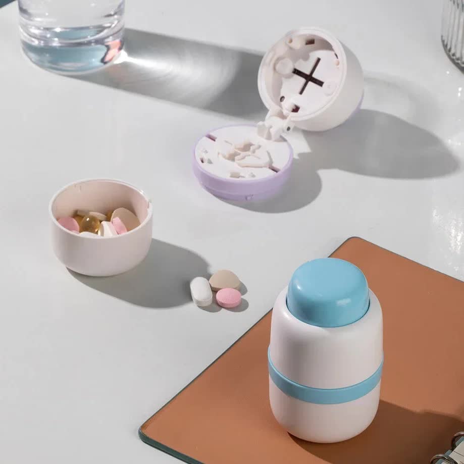 White And Blue 3-in-1 Pill Cutter Crusher & Storage Box - Portable Tablet Splitter Grinder for Precise Dosing