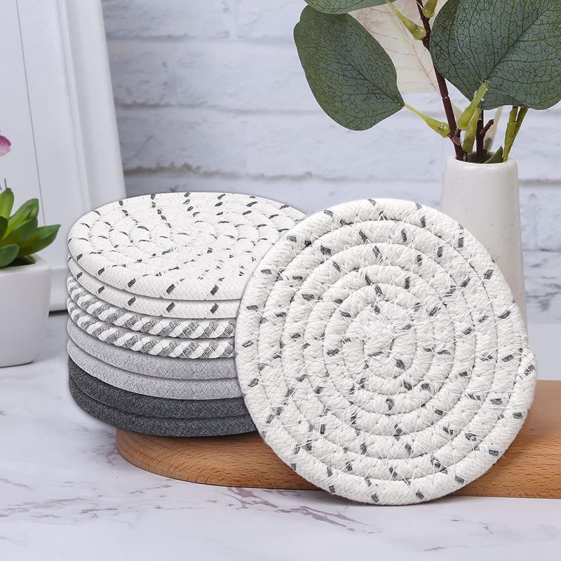 Beige and Pink Absorbent Woven Cotton Coasters - Set of 8 with Metal Holder - Heat Resistant Drink Mats for Table Protection