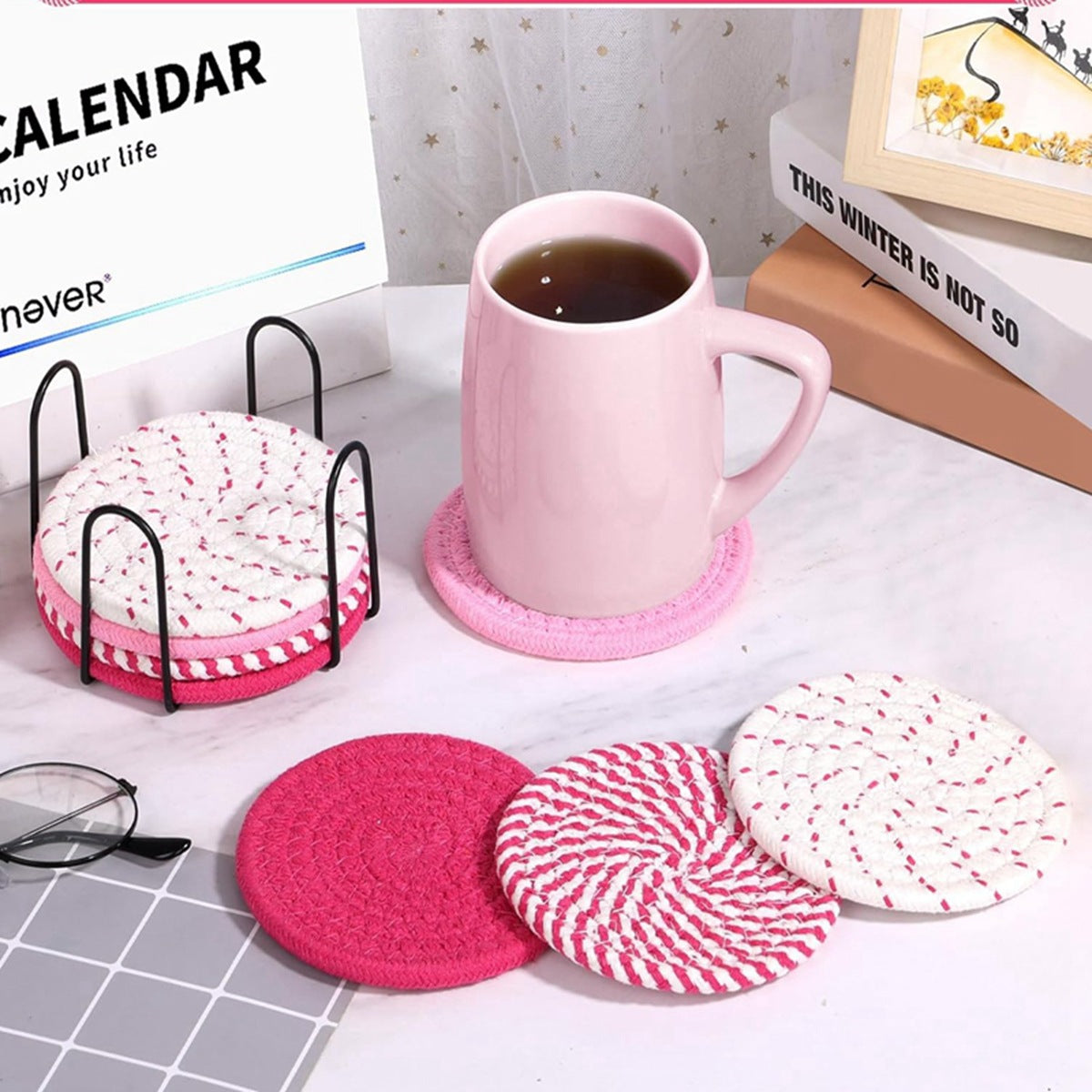 Beige and Blue Absorbent Woven Cotton Coasters - Set of 8 with Metal Holder - Heat Resistant Drink Mats for Table Protection
