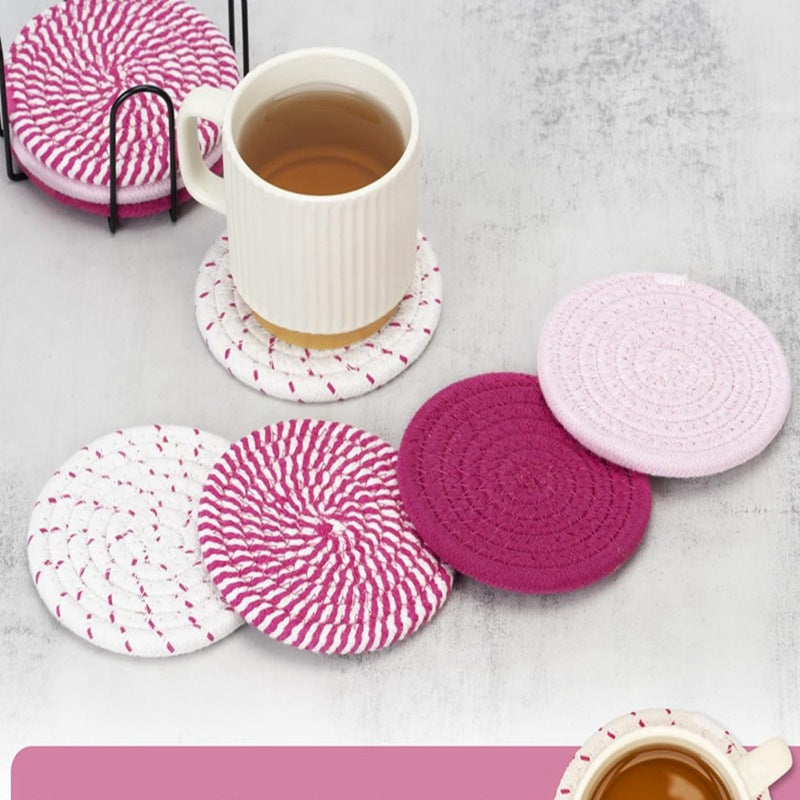 Beige Absorbent Woven Cotton Coasters - Set of 8 with Metal Holder - Heat Resistant Drink Mats for Table Protection