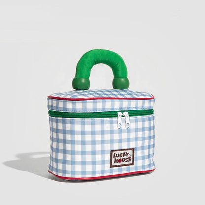 Blue And Green Chic Gingham Plaid Cosmetic Bag - Large Capacity Portable Travel Toiletry Organizer, Water-Resistant