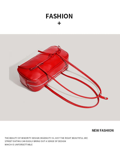 Red Chic PU Leather Baguette Shoulder Bag - Elegant Bow Accent Underarm Handbag for Women