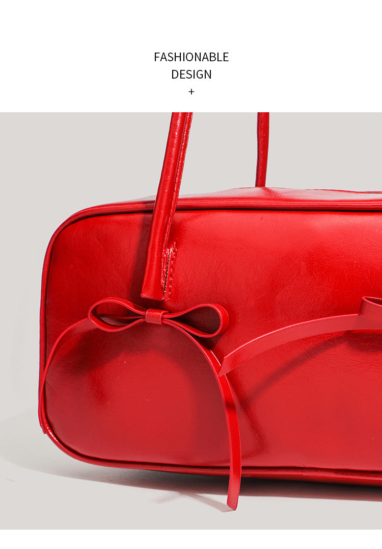 Coffee Chic PU Leather Baguette Shoulder Bag - Elegant Bow Accent Underarm Handbag for Women