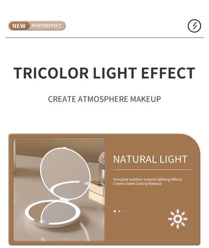 White LED Travel Makeup Mirror - Rechargeable Compact Mirror with 3 Color Lights, 1x/5x Magnification & Smart Auto On/Off
