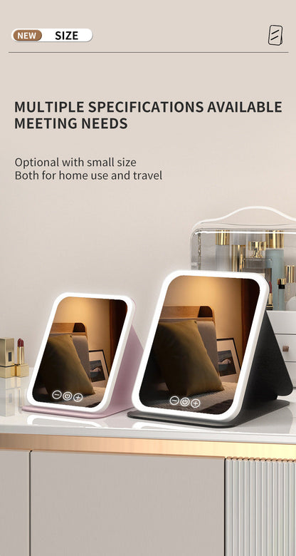 White Small Foldable LED Makeup Mirror - Portable Desktop Vanity with 3 Color Lights, Stepless Dimming & Adjustable Stand