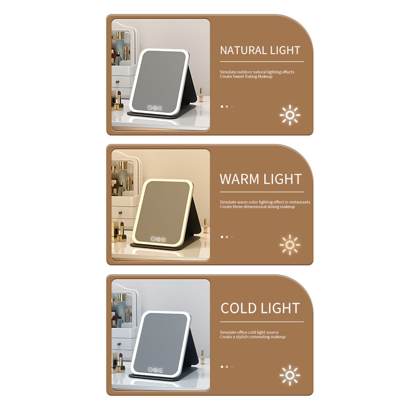 Black Small Foldable LED Makeup Mirror - Portable Desktop Vanity with 3 Color Lights, Stepless Dimming & Adjustable Stand